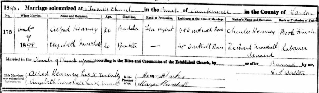 1898 marriage certificate between Alfred Kearney & Elizabeth Marshall